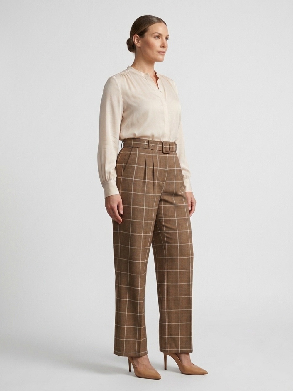 075 BIRGITTE HERSKIND Women’s Ashia Wide Leg Wool Blend Check Pant, Brown, Large